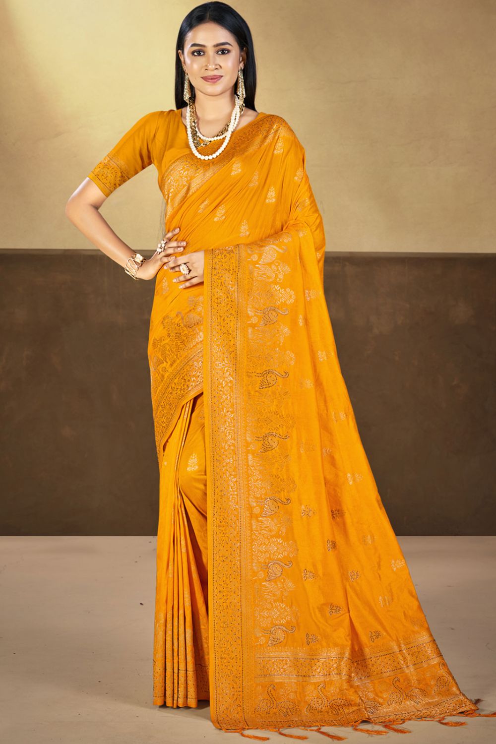 Golden Yellow Silk Woven Work Saree