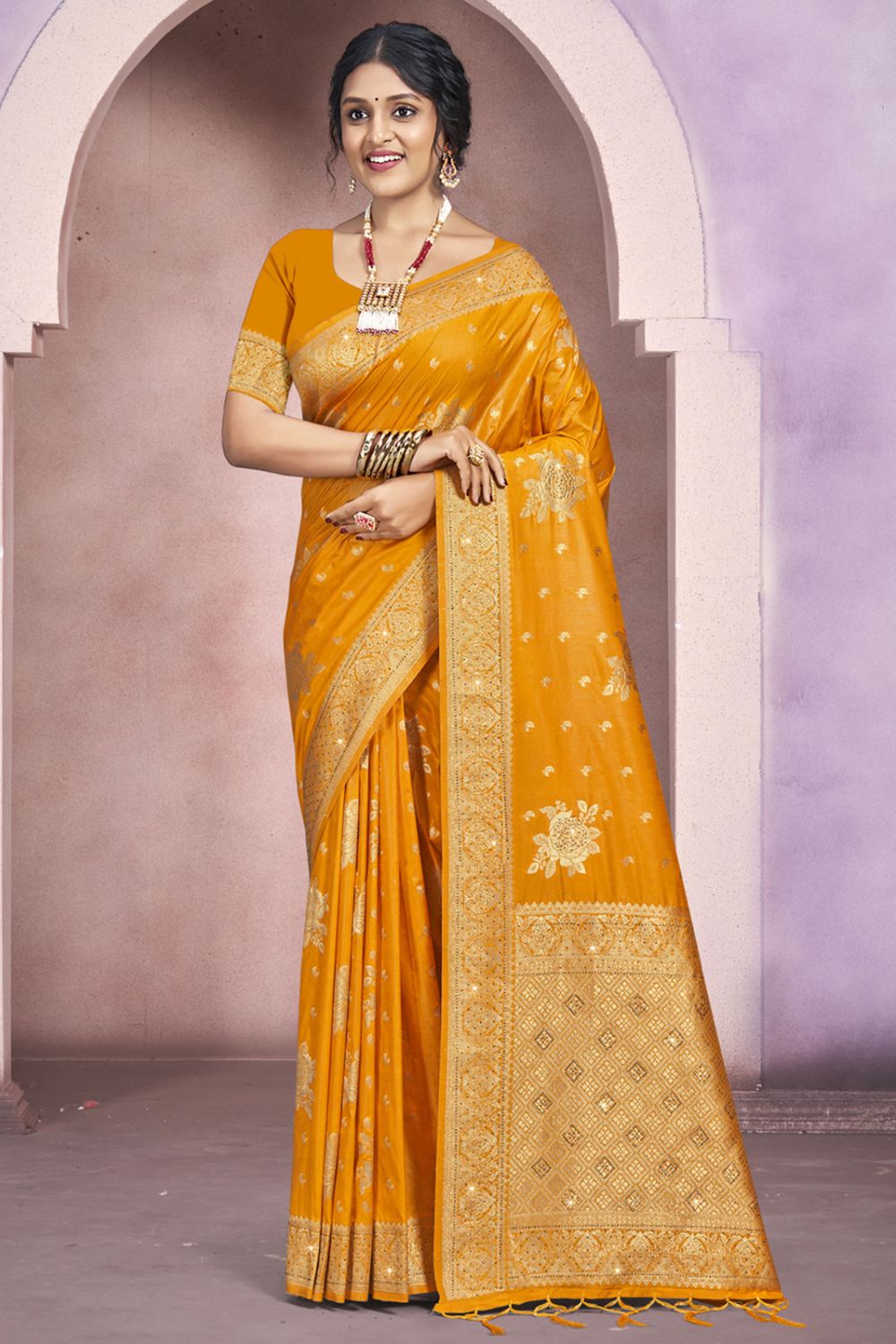 Golden Yellow Silk Woven Work Saree