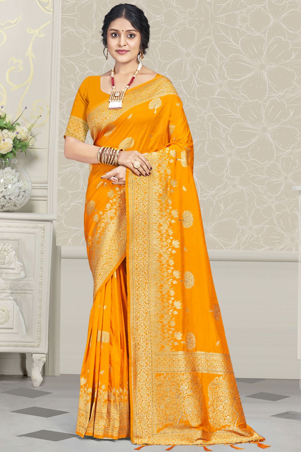 Golden Yellow Silk Woven Work Saree