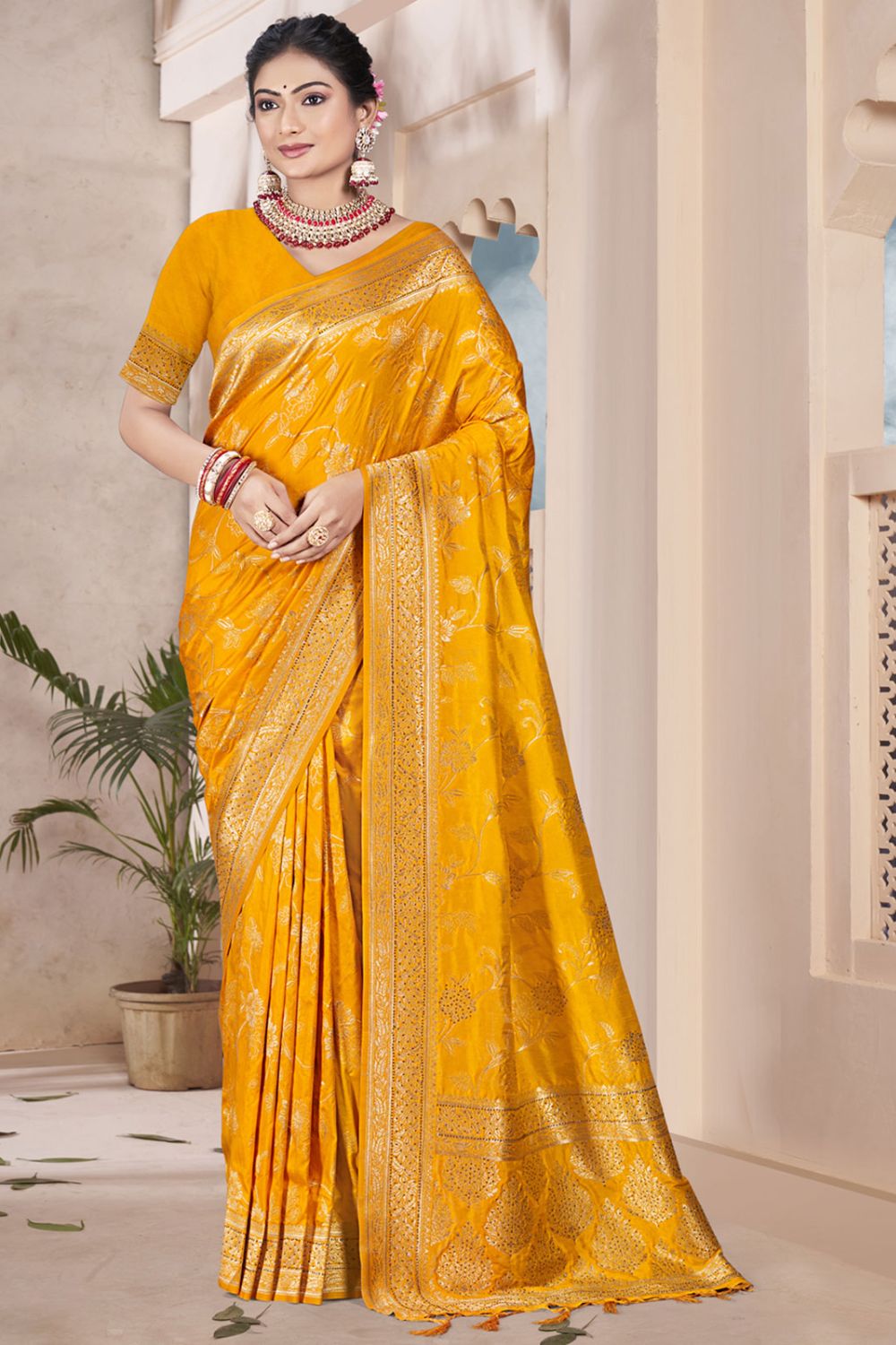 Golden Yellow Silk Woven Work Saree