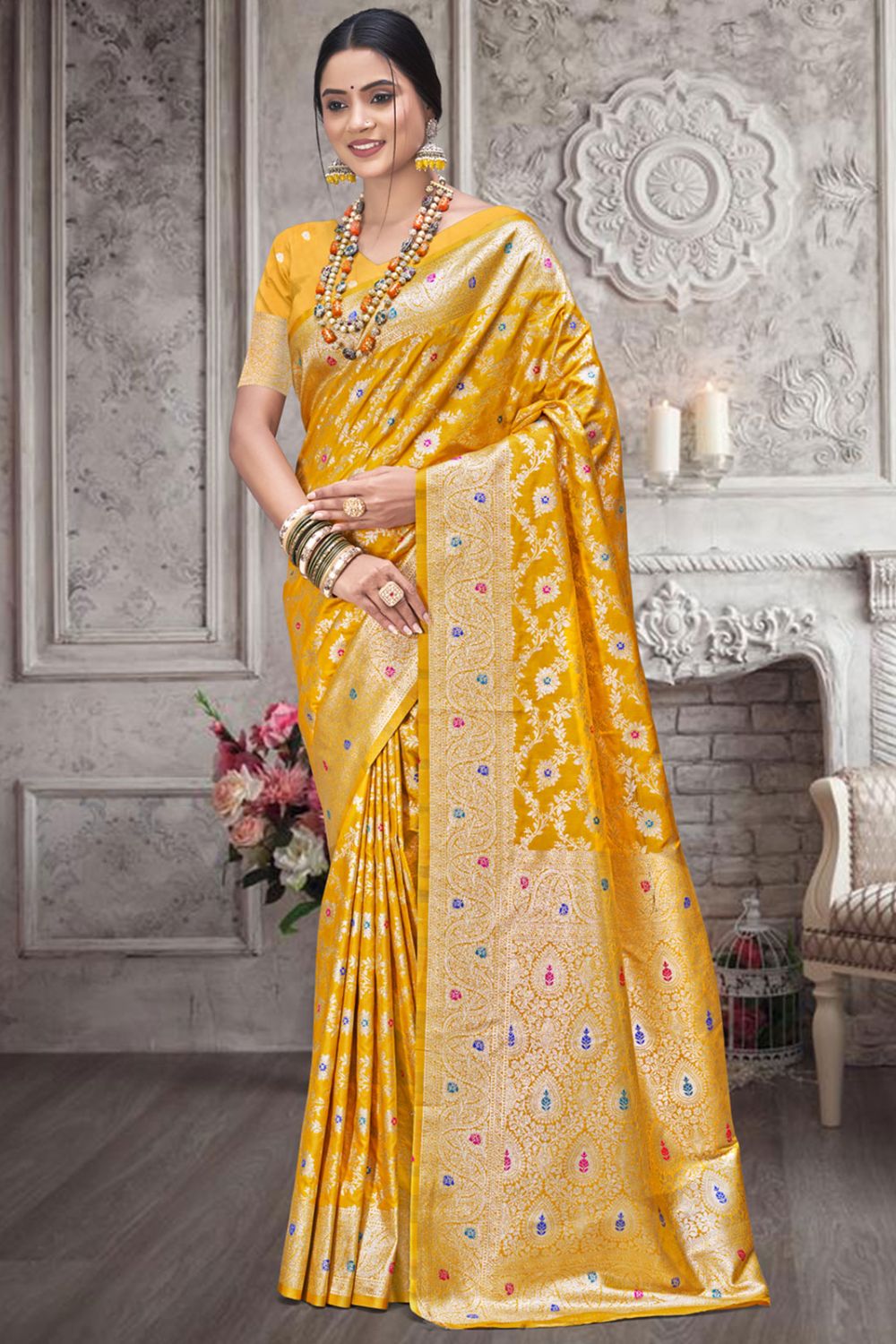 Golden Yellow Silk Woven Work Saree