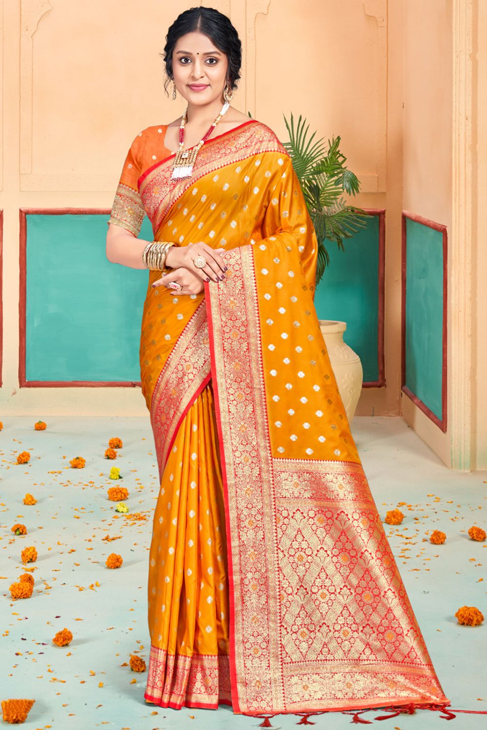 Golden Yellow Silk Woven Work Saree