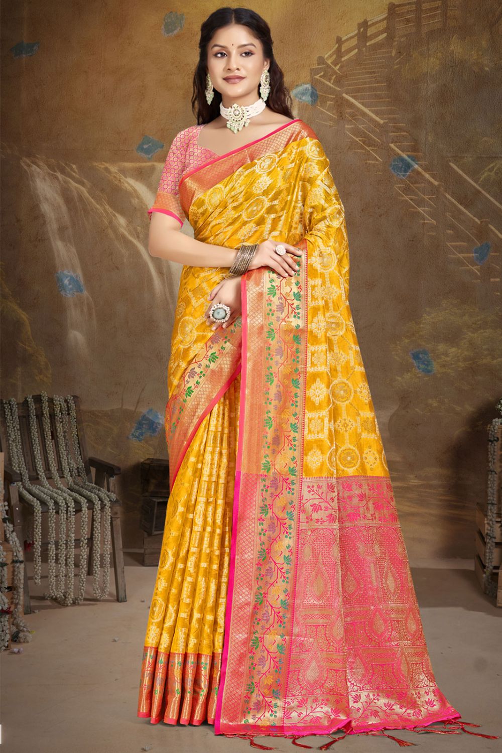 Golden Yellow Silk Woven Work Saree