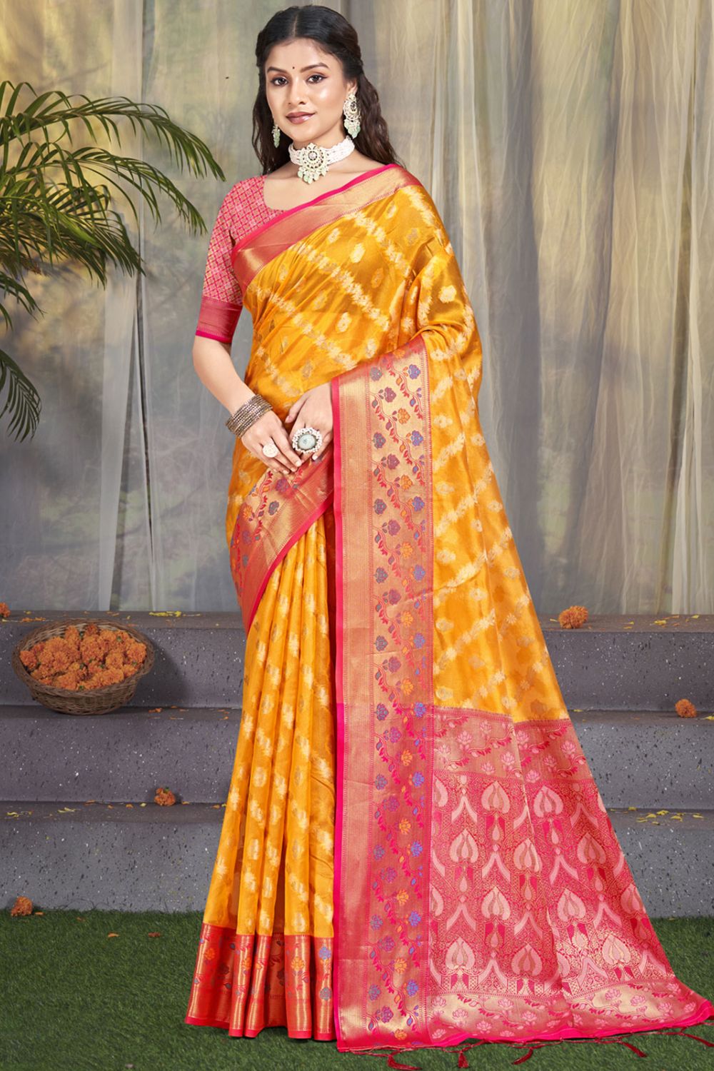 Golden Yellow Silk Woven Work Saree