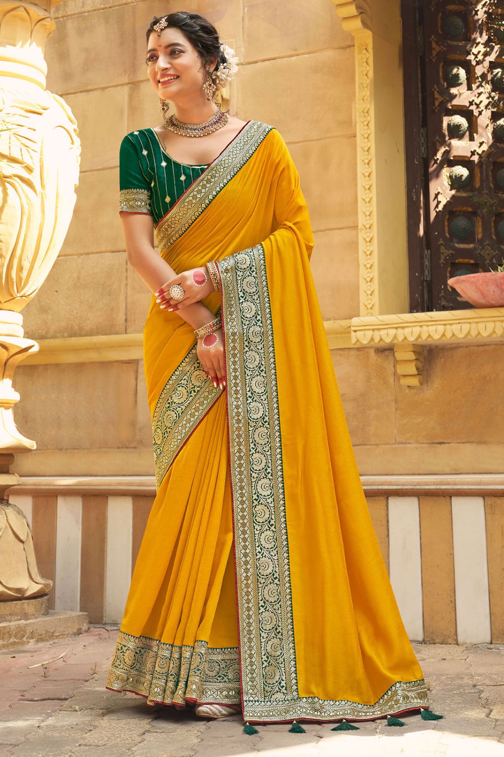 Golden Yellow Zari Embroidered Silk Saree