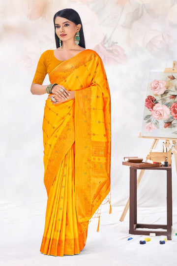 Golden Yellow Zari Weaving Work Silk Saree