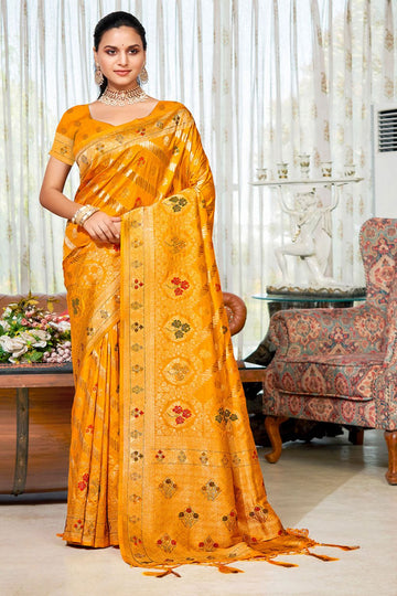 Golden Yellow Zari Weaving Work Silk Saree