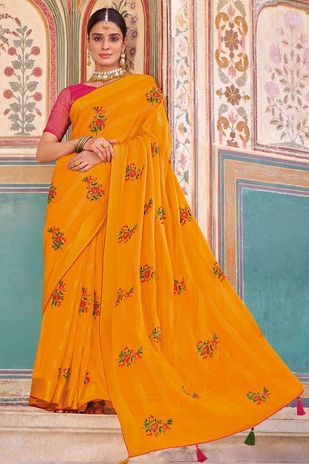 Golden Yellow Chiffon Saree for Party