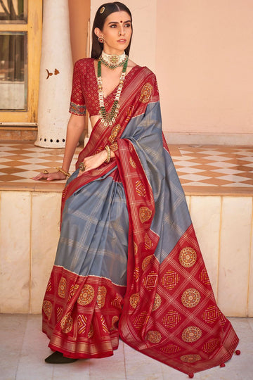 Graphite Grey Foil Print Patola Design Silk Saree