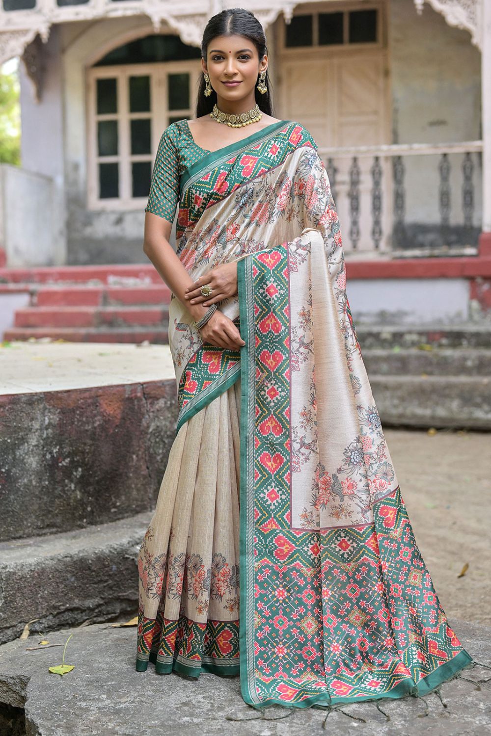 Green and Beige Soft Tussar Silk Digital Printed Saree