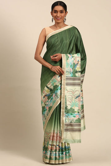 Green Printed Cotton Saree