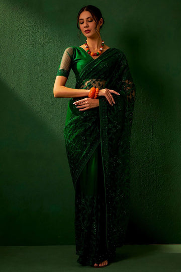 Green Net Embroidered Saree for Party