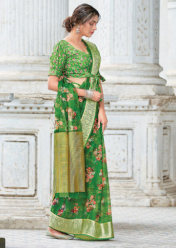 Green Organza Printed Saree for Party