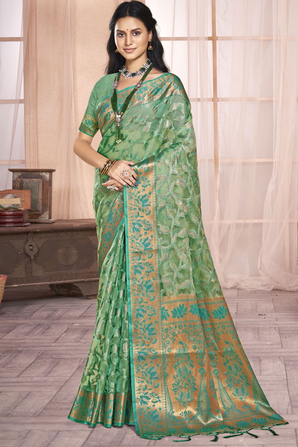 Green Organza Party Wear Saree