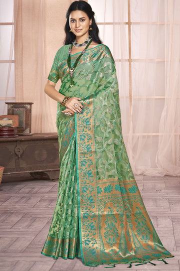 Green Woven Partywear Organza Saree