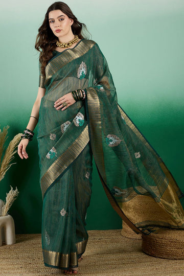 Green Organza Woven Party Wear Saree