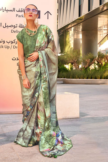 Green Digital Printed Satin Saree