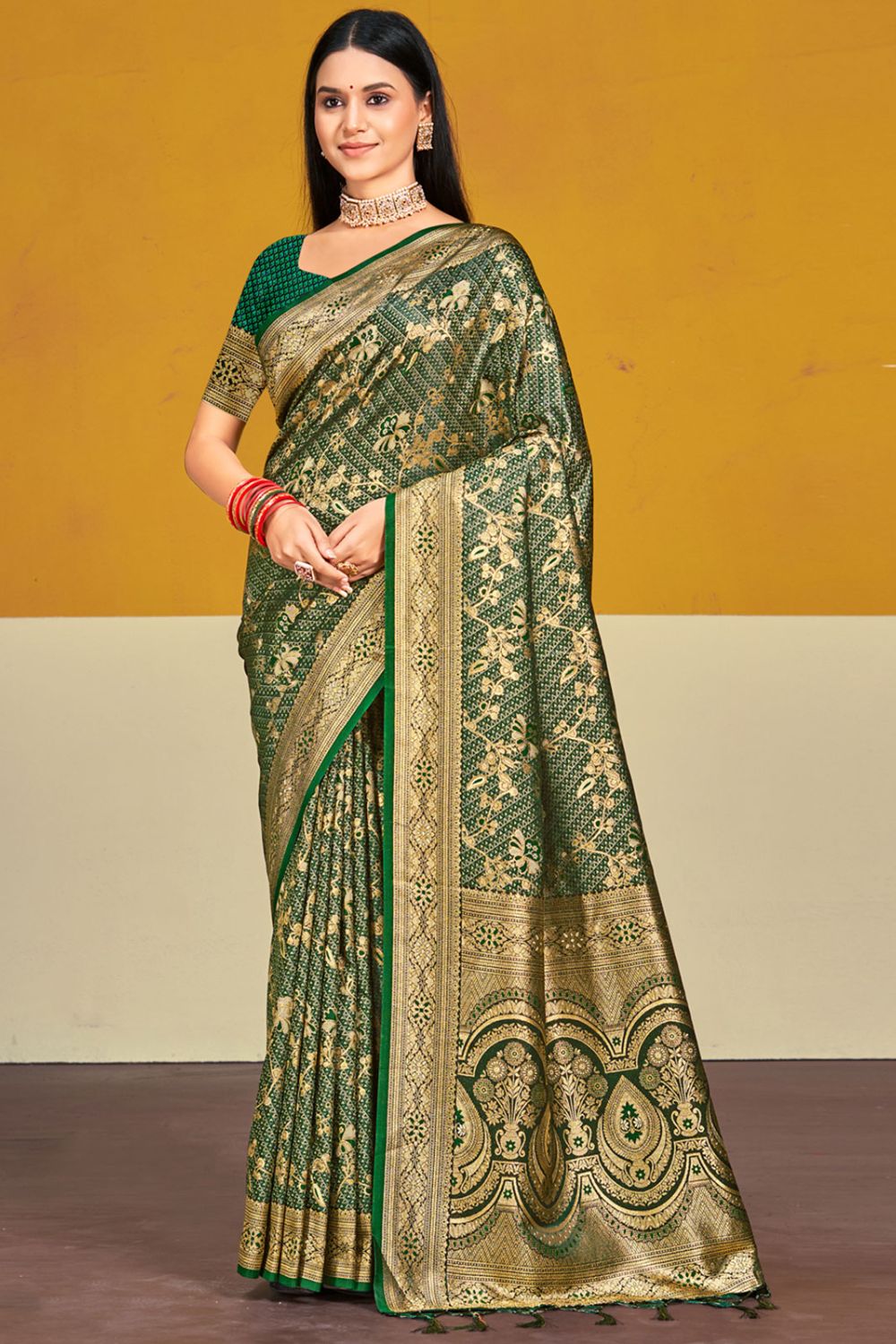 Green Satin Silk Woven Saree