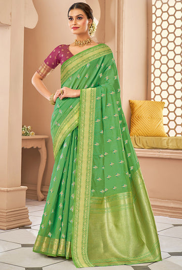 Green Silk Party Wear Saree with Contrast Blouse