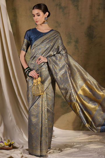 Grey Banarasi Silk Woven Saree for Festival