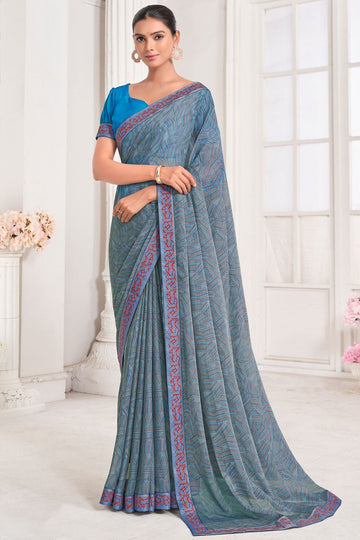 Grey Chiffon Printed Party Wear Saree