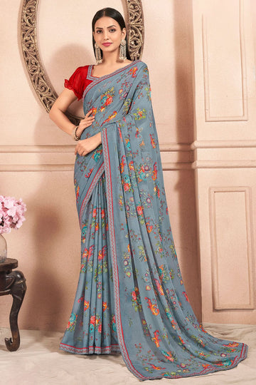 Grey Chiffon Printed Casual Wear Saree