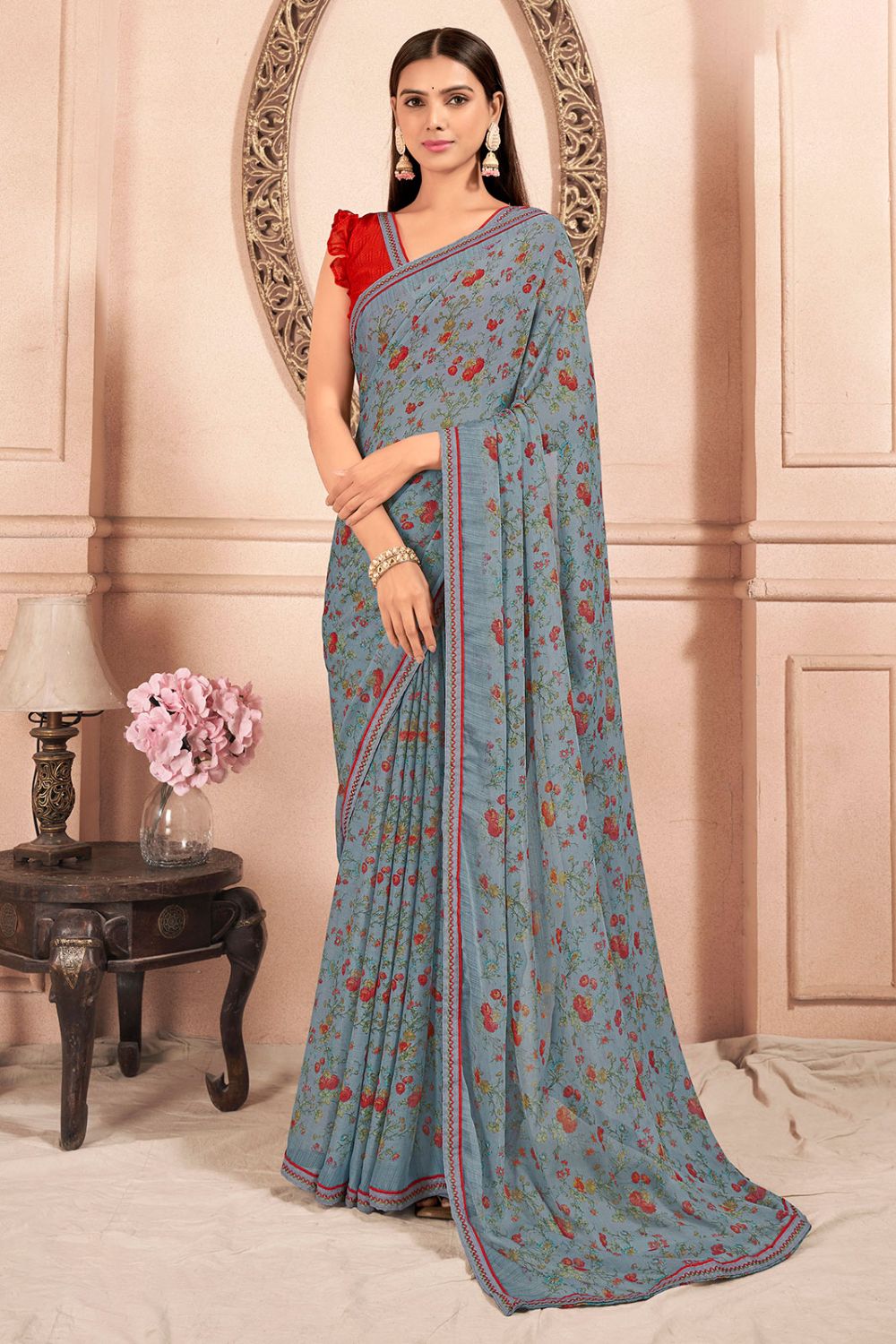 Grey Chiffon Printed Casual Wear Saree