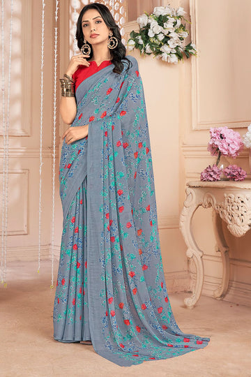 Grey Chiffon Printed Casual Wear Saree