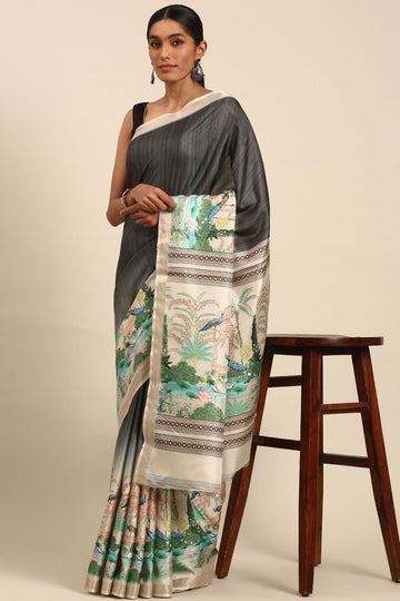 Grey Printed Cotton Saree