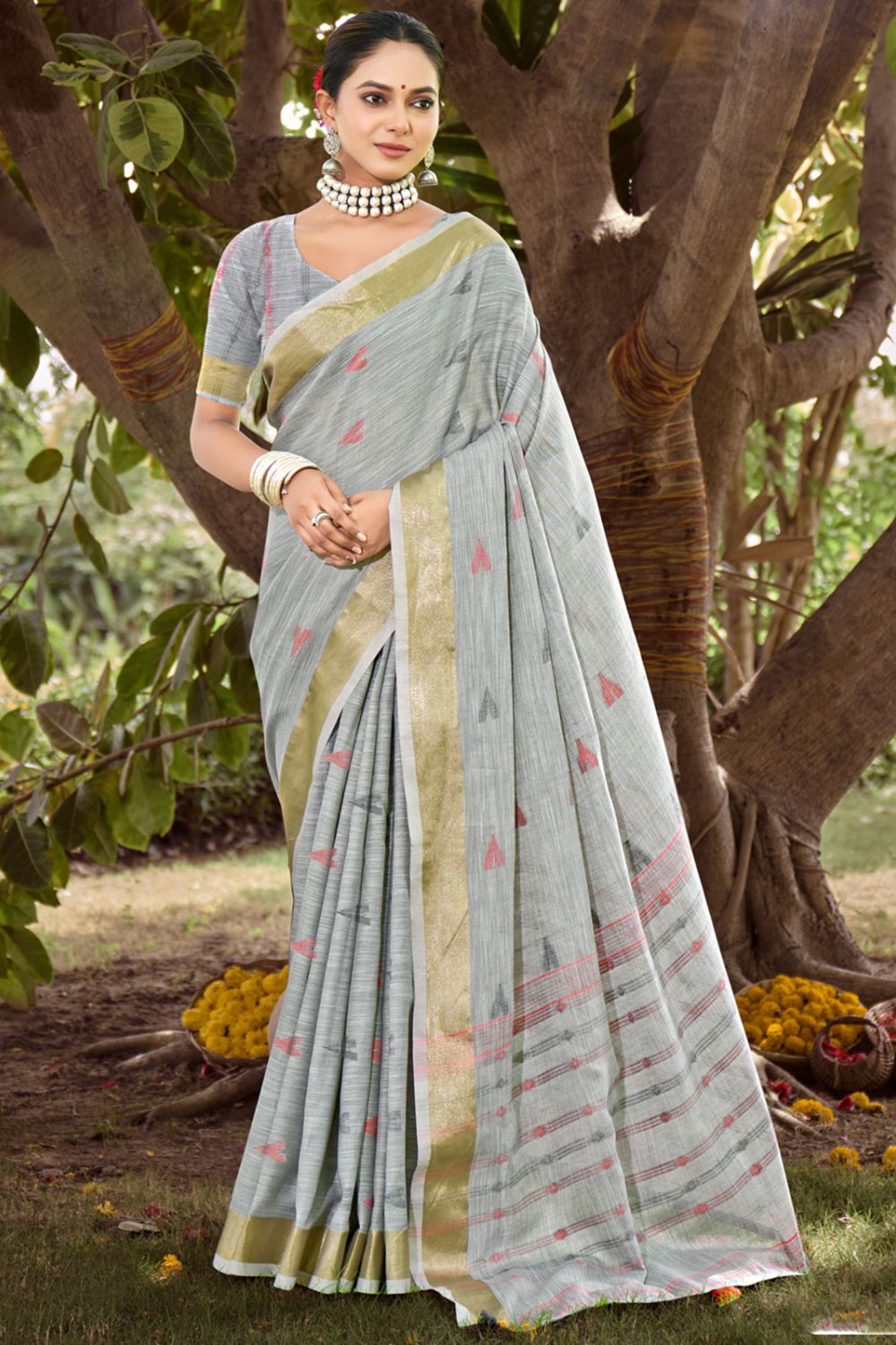 Grey Cotton Woven Saree