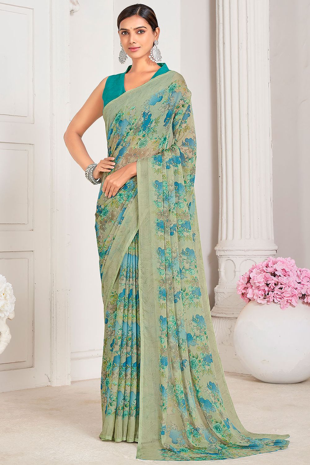 Grey Digital Printed Chiffon Casual Wear Saree