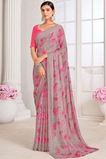 Grey Digital Printed Chiffon Casual Wear Saree