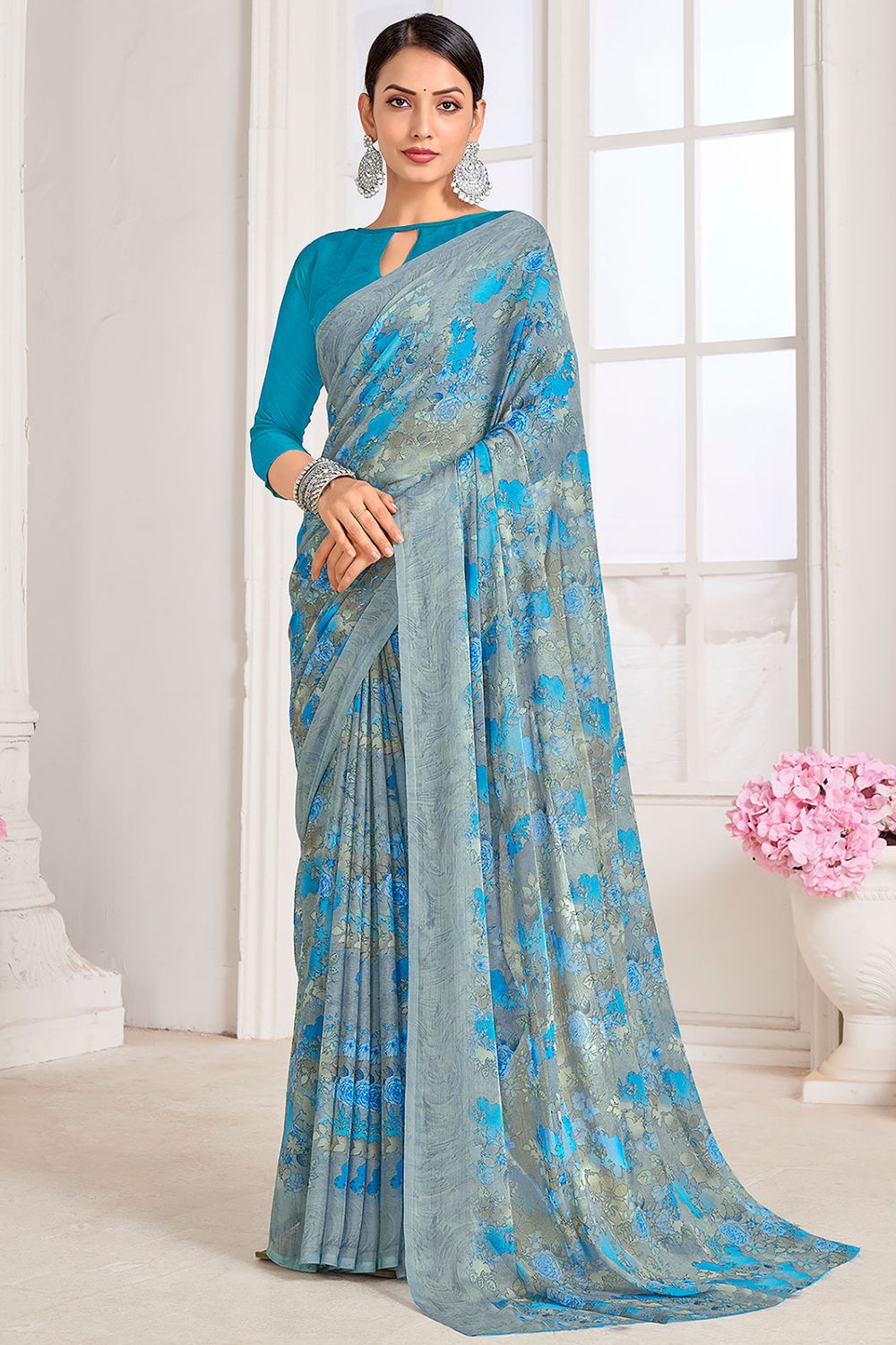 Grey Digital Printed Chiffon Casual Wear Saree