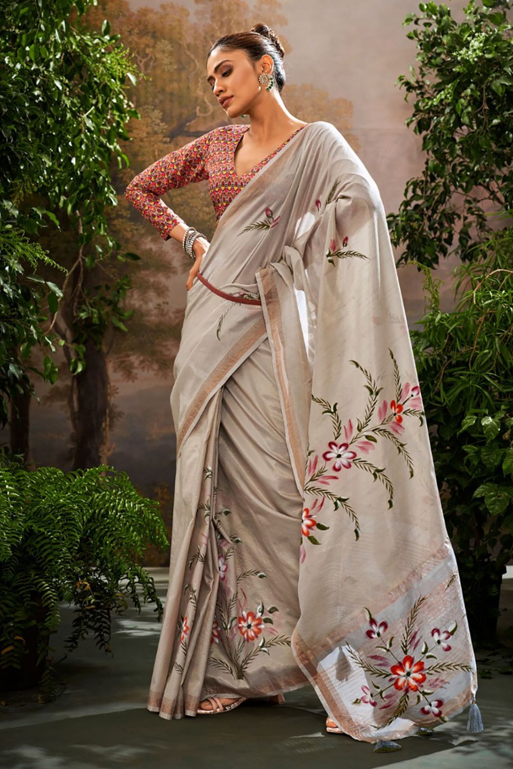 Grey Kalamkari Printed Linen Tissue Saree