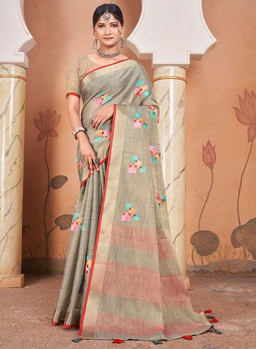 Grey Linen Weaving Work Saree