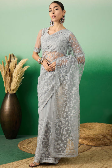 Grey Net Embroidered Saree for Party