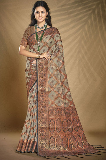 Grey Woven Partywear Organza Saree