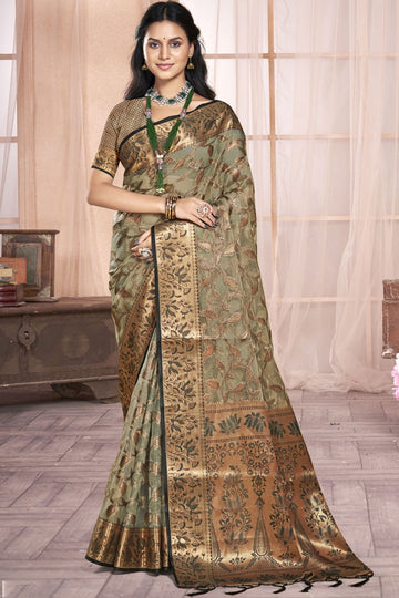 Grey Woven Partywear Organza Saree