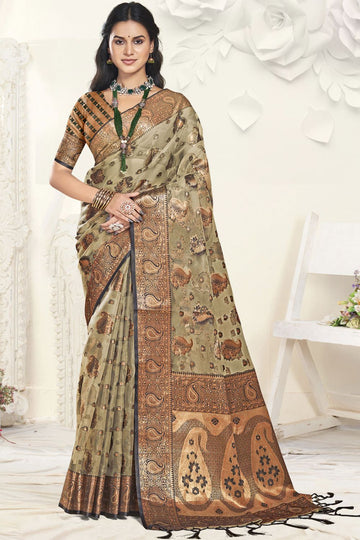 Grey Woven Partywear Organza Saree