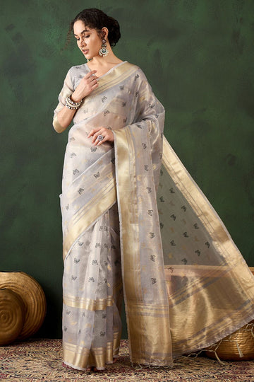 Grey Organza Woven Party Wear Saree