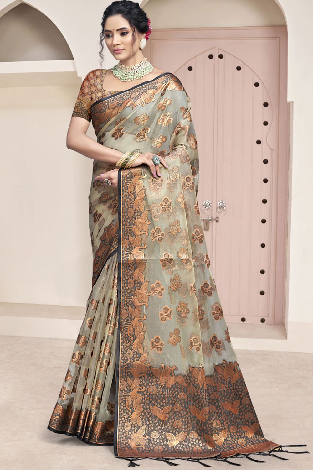 Grey Organza Woven Saree