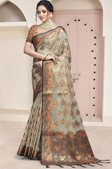 Grey Weaving Work Organza Saree