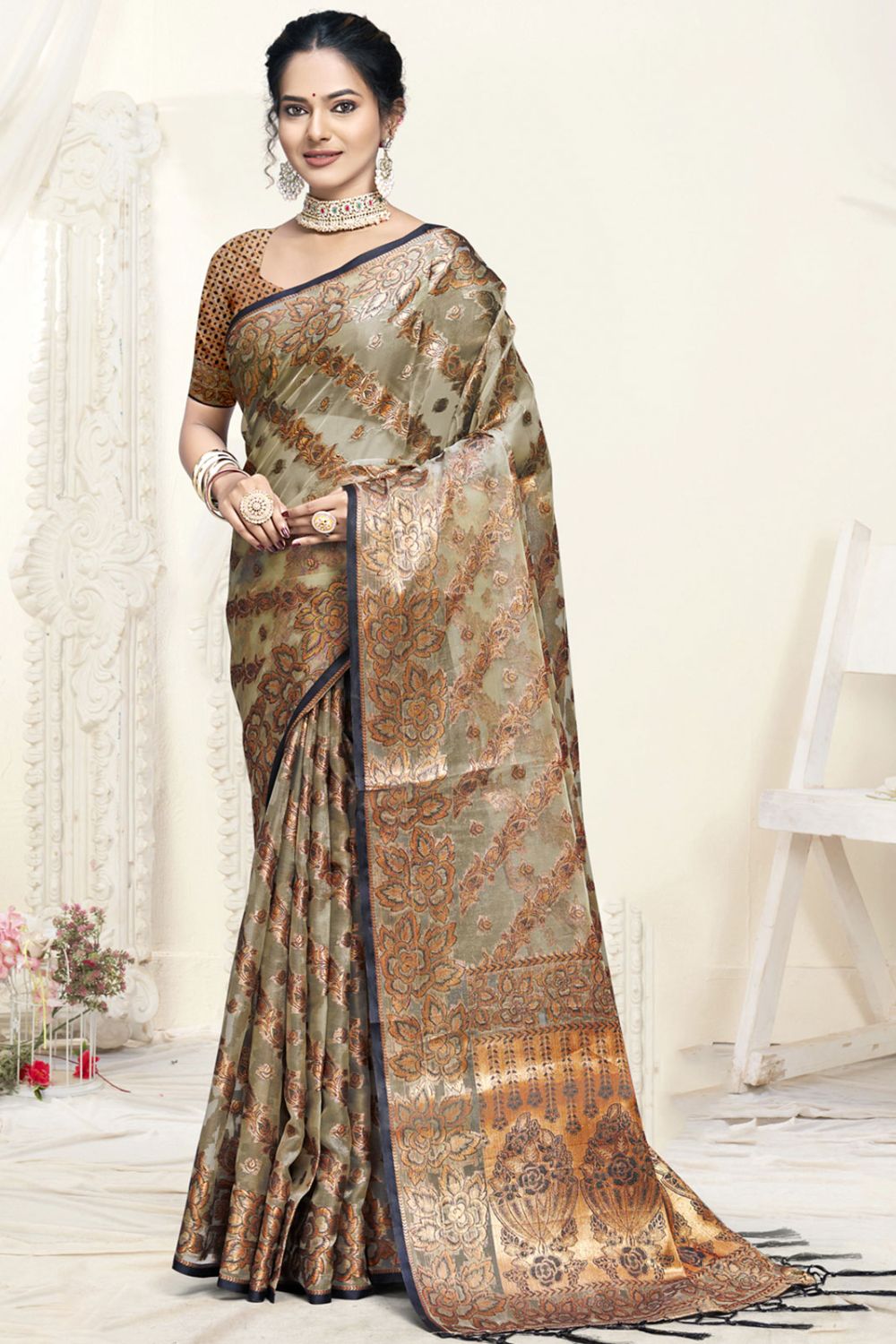 Grey Organza Woven Saree