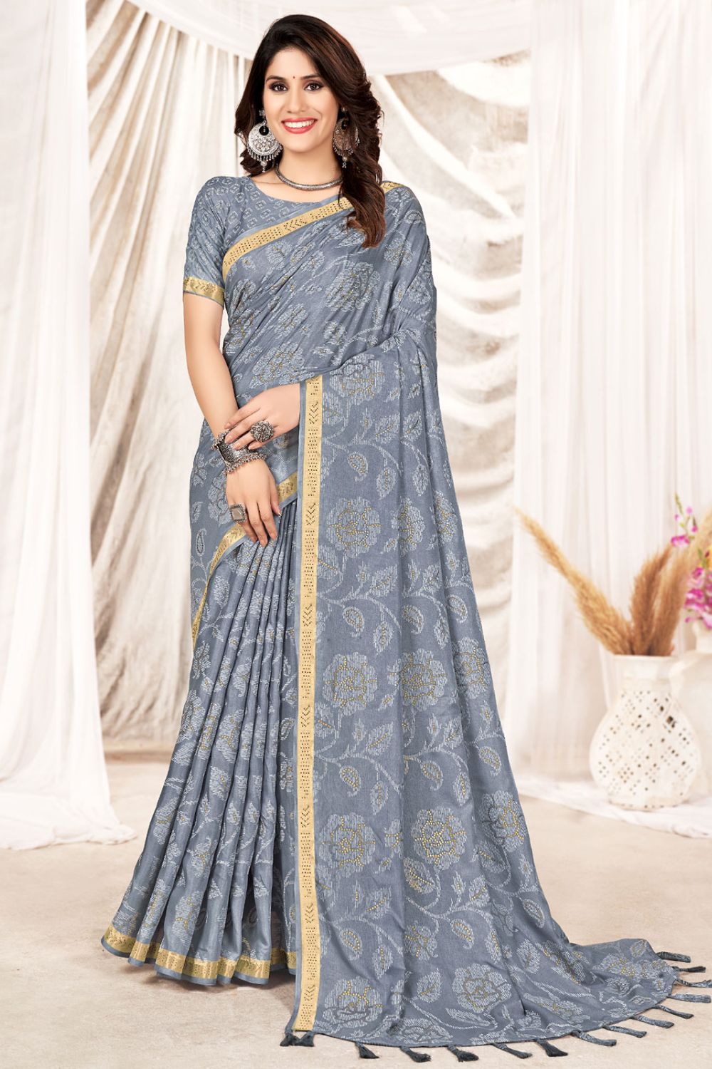 Grey Foil Printed Party Wear Saree