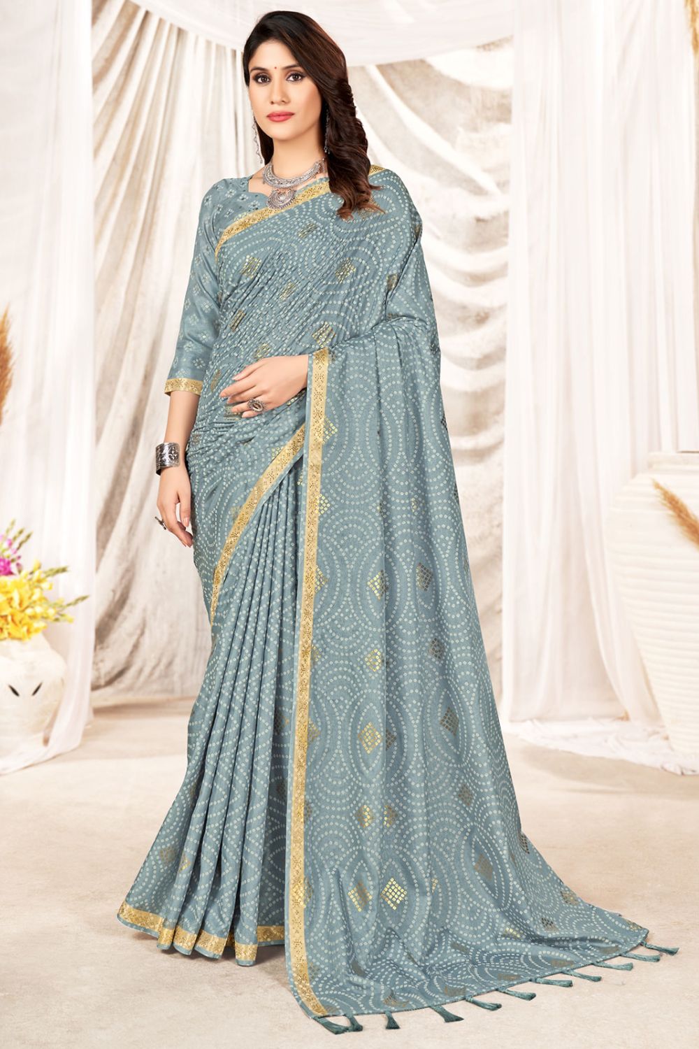 Grey Foil Printed Party Wear Saree