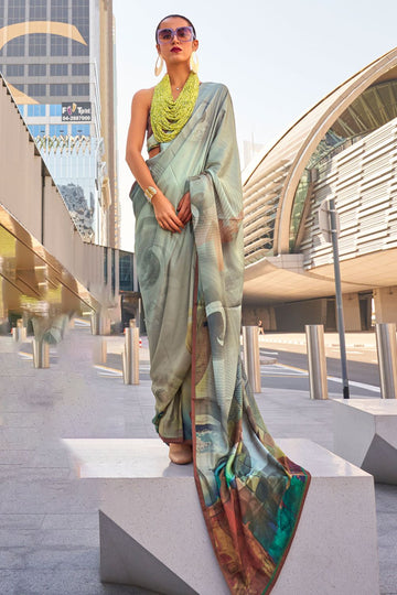 Grey Digital Printed Satin Saree