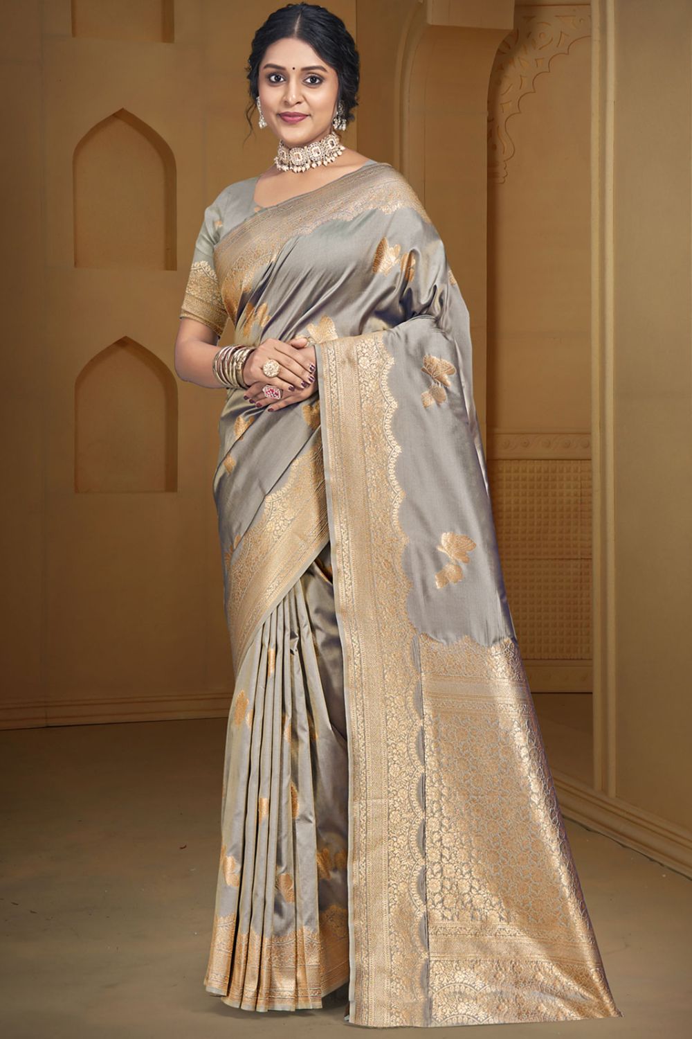 Grey Silk Woven Work Saree