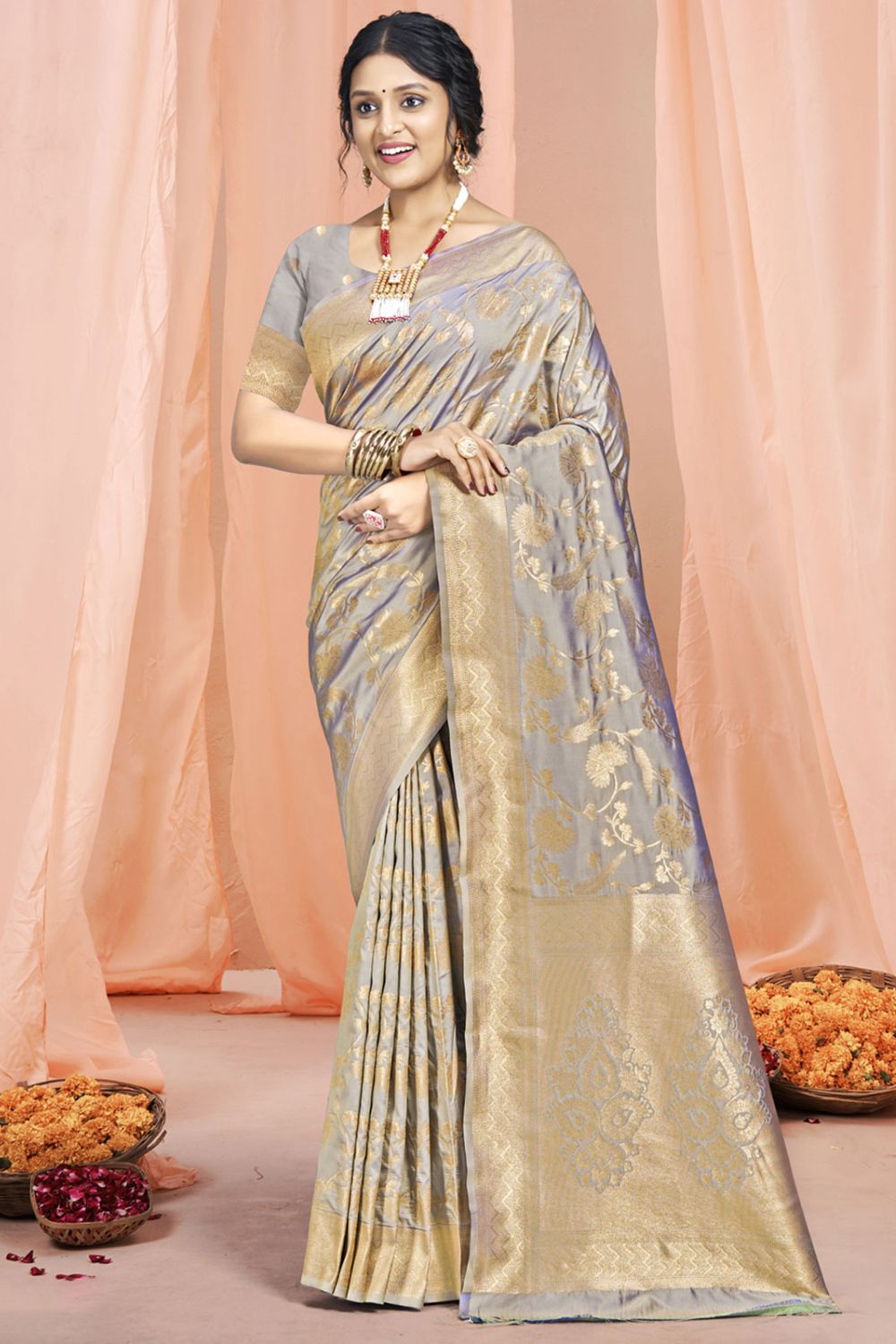 Grey Silk Woven Work Saree