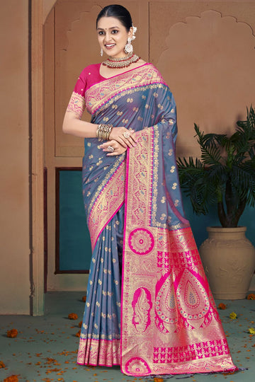 Grey Silk Woven Work Saree