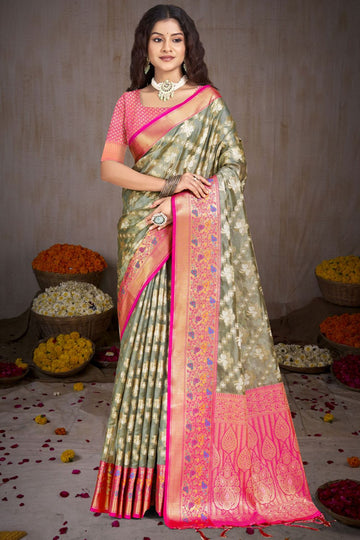 Grey Woven Silk Saree for Festival